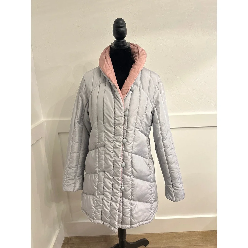 Quilted Puffer Jacket Gray Pink Collar Button Front‎ Women's Warm Winter Coat